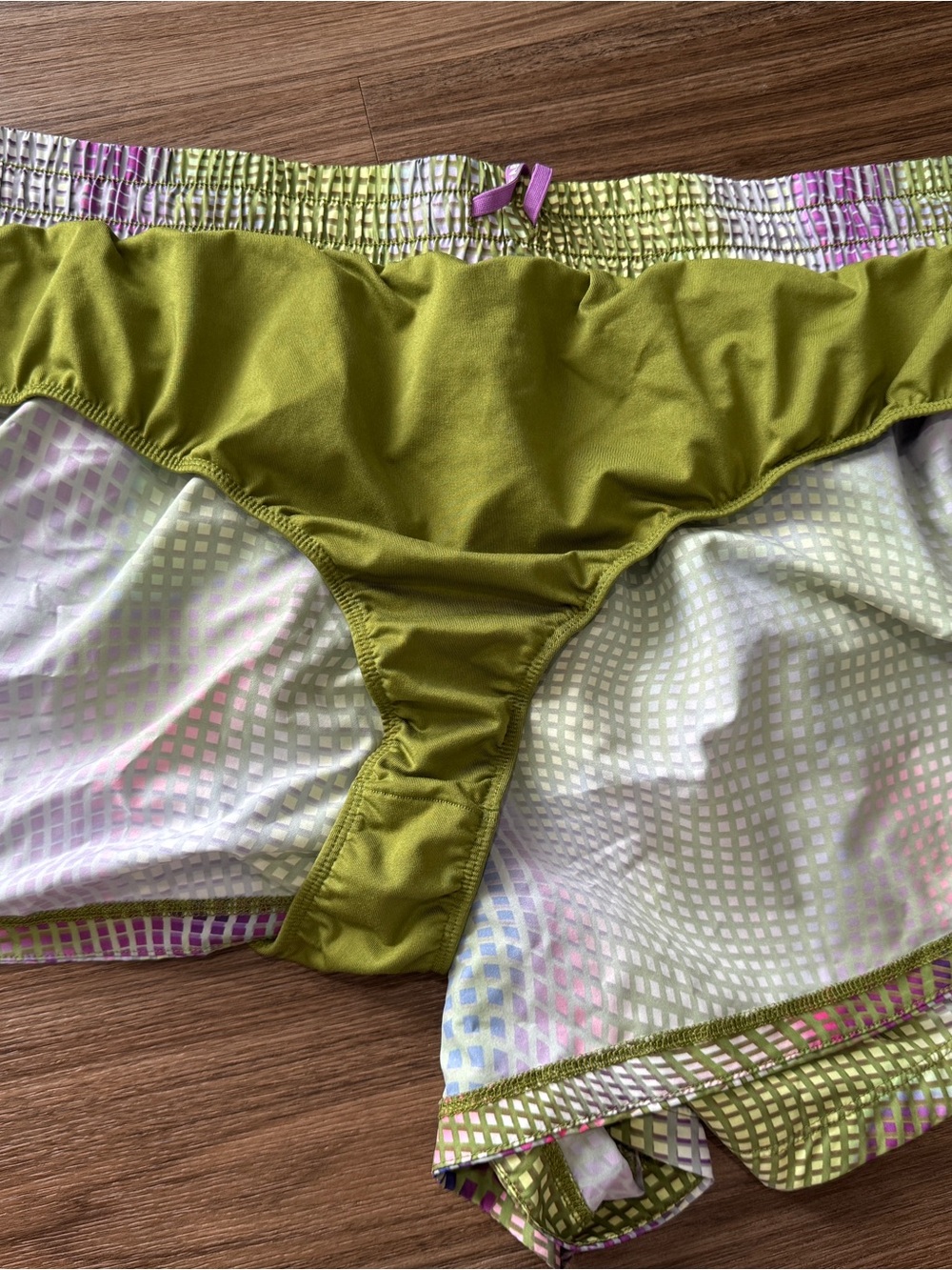 Lightweight Green Grid Print Lounge Shorts with Pink Drawstring - Picture 2 of 2